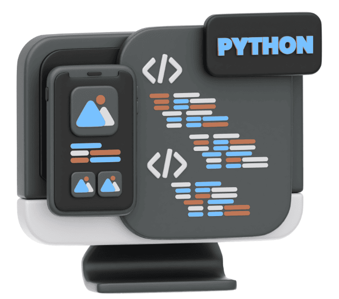 An illustration of a monitor and a phone showing the word Python beside code brackets and coloured lines of code